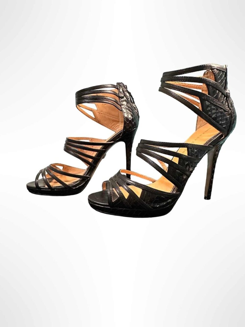 BADGLEY MISCHKA Embossed Gladiator Platform Stilettos Black Size 8.5